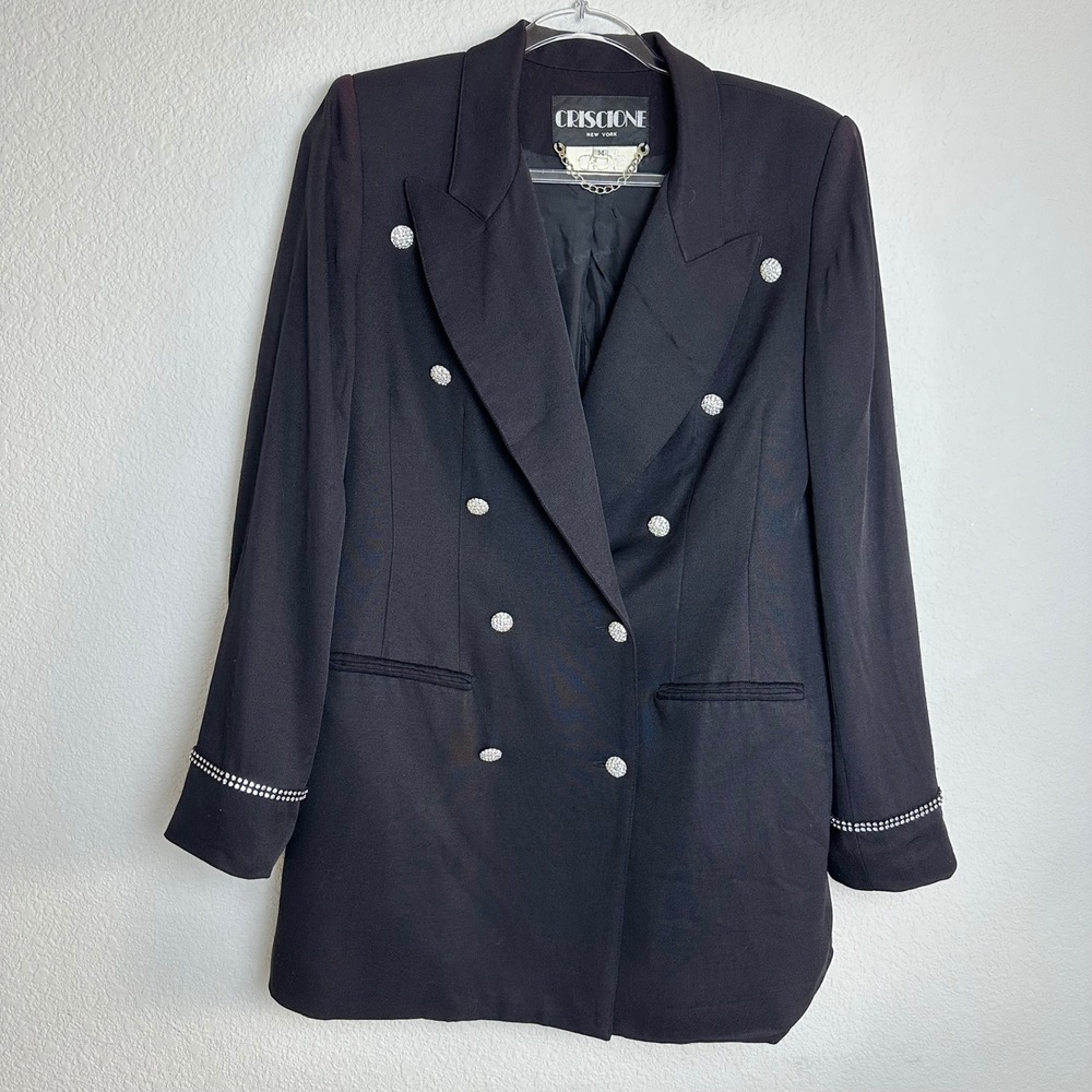 Criscione Cache New York Vintage‎ Black Double Breasted Rhinestone Blazer M USA